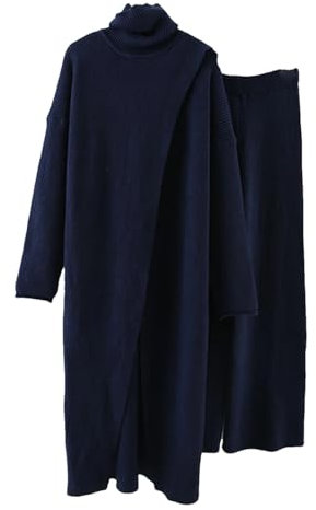 2-teiliges Strickset für Damen, Rollkragenpullover, Pullover, weites Bein, Hose, dicker, warmer Pullover, marineblau, Einheitsgröße