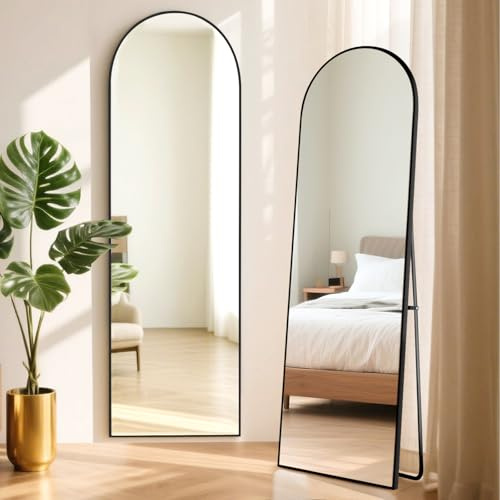 ABXMAS Moderner Ganzkörperspiegel Schwarz 163x53cm, Gewölbter Standspiegel mit Rahmen aus Aluminium, Bogen Wandspiegel mit Sicherheitsglas für Garderobe, Schlafzimmer, Wohnzimmer