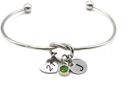 Personalised Knot Bangle Bracelet in Gold, Silver or Rose Gold | 21st Birthday Gift, With Birthstone Charm, For Daughter Sister Granddaughter Niece Goddaughter Friend