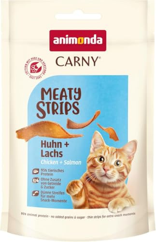 animonda Carny Adult Meat Strips Huhn+Lachs (10 x 50g), Softer Premium Katzensnack für Erwachsene Katzen mit viel frischem Fleisch und Fisch