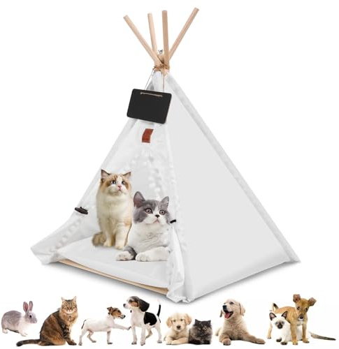 Tente pour Animaux de Compagnie, Tente de Tipi de Jeu pour Animaux avec Coussin Intérieur Amovible, Maison Chien Interieur pour Chien/Chat (Blanc, M)