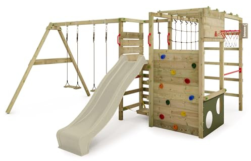 FATMOOSE Spielturm ActionArena Air Klettergerüst, salbeigrün | mit Schaukel & Rutsche, Outdoor Kinder Kletterturm, mit Leiter, Basketballkorb & Spiel-Zubehör, für den Garten