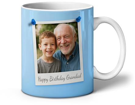 iCaseDesigner Personalised Photo Mug with Name – 5 Colour Themes - Custom Coffee Cup with Retro Photo Print – Unique Gift for Him, Her, Friends, Couples. Blue