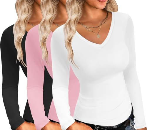 Ekouaer Womens 1&3 Pack Long Sleeve Shirts Sexy V Neck Tee | slim fit, stretch fitted, basic, undershirt & thermal top in cold weather