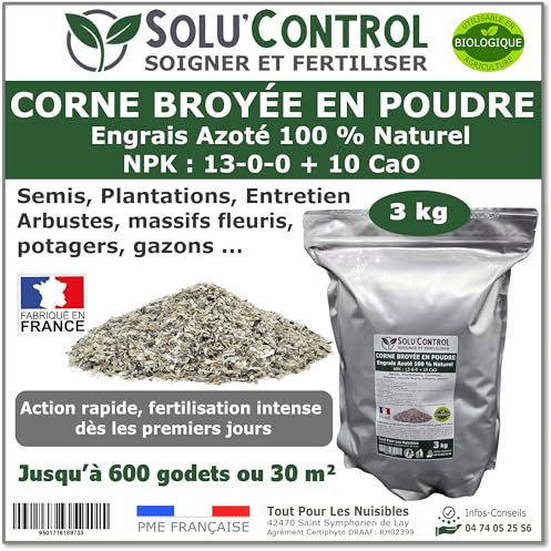 3 kg de Corne Broyée en Poudre SoluControl - Formulation haute qualité Organo-Minerale - Engrais Azoté 100% Naturel- Utilisable en Agricultre Biologique