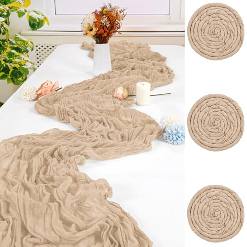 3 Stück Beige Seihtuch Tischläufer,90 x 300 cm Rustikaler Gaze Stoff Boho Tischläufer Käsetuch Cheesecloth Tischläufer Hochzeit Tischdecke für Hochzeit Brautparty Bankett