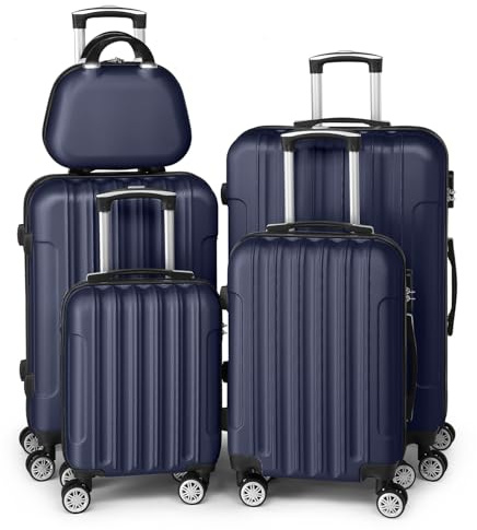 LEADZM Kofferset 5 Koffer Set teilig mit Kosmetikkoffer (Dunkelblau) | Handgepäck mit Kosmetikkoffer, Reisekoffer Set aus ABS, Gepäckset mit Teleskopgriff
