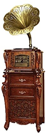 KOSHSH Hi-Fi&Home Phonograph Vintage Turntables with Speakers, Record Player, CD Player/FM Radio/USB, Wood Gramophone with Copper Horn for Office/Home Decor kxtmm