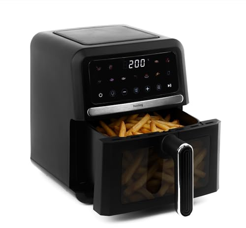 Huslog Freidora de Aire 5L 1500W, Air Fryer sin Aceite con 10 Programas Automáticos, 40–200°C, Pantalla LED Táctil, Cesta y Rejilla, Ventana de Visualización, Fácil Limpieza, Compacta, Negro