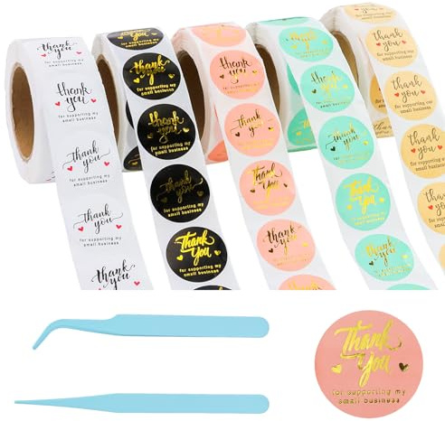 2500 Stück eklektische, runde Dankeschön-Aufkleber aus Goldfolie, 5 Rollen mehrfarbige Aufkleber für die Verpackung kleiner Unternehmen, 1 Zoll Durchmesser, beschichtetes Papier und Kraftpapier
