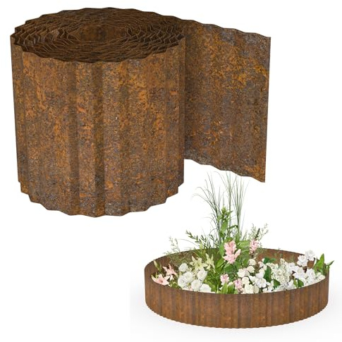 YRHome 5m Rasenkante 15 cm hoch Beeteinfassung mit Rostoptik Flexible Beetumrandung Rostmetall Rasenkante Metall Wetterfest Für Blumenbeete Wege Einfache Montage - Wellige Typ