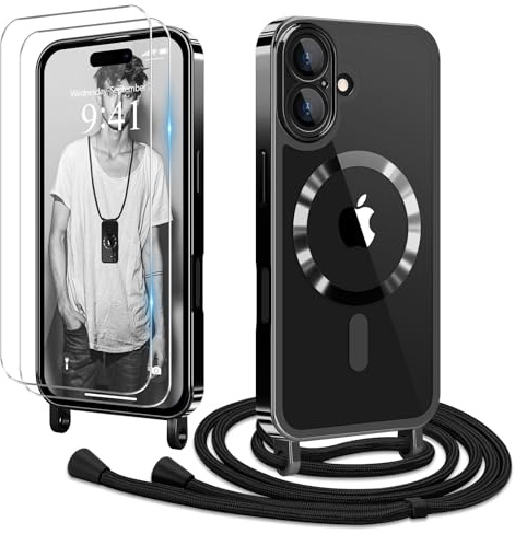 Ethanger Coque pour iPhone 17 avec Cordon + 2×Verre Trempé, Noir | Coque Transparente TPU Bumper Silicone Etui Housse avec Cordon de Collier Réglable, Cover Magnétique