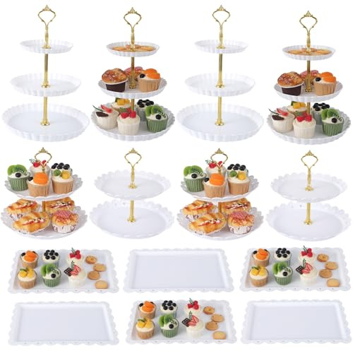 14-Piece Dessert Stand Set - 4 Tiered Cake Stands (3-Tier & 2-Tier) + 6 Rectangle Appetizer Trays - Thick Plastic Serving Platters for Cupcakes, Donuts, Fruits - Party, Wedding, Buffet Display (White)