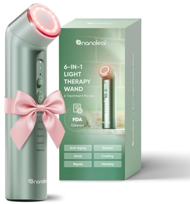 Nanoleaf 6-in-1 Gesichtsmassagegerät, Multitasking Lichttherapie Modi kombiniert Rotlicht + NIR/Blaulicht, Kühlung, Heizung or Vibration, Tragbar elektrisches LED Red Light Therapy Wand für Face Hals