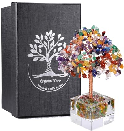JSDDE 7 Chakra Lebensbaum Deko Feng Shui Baum mit quadratische Glasbasis Natürliche Edelsteine Baum Geldbaum Kristallbaum Glücksbringer Spirituelle Feng Shui Deko für Büro Zimmer Wohnung