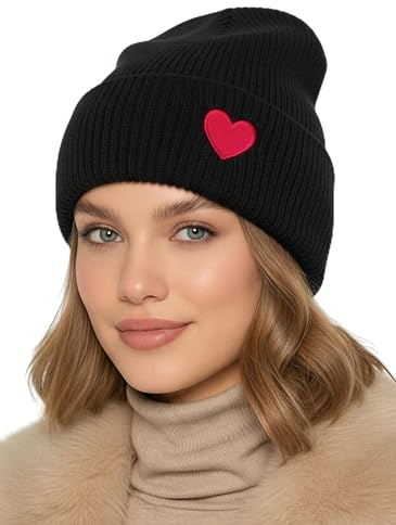 Baesics Wintermütze mit Herz Damen Herren Unisex, weiche kuschelige | Strickmütze Beanie, elastisch und warm, One Size für Herbst und Winter, Alltag und Outdoor, Geschenk Frauen Männer