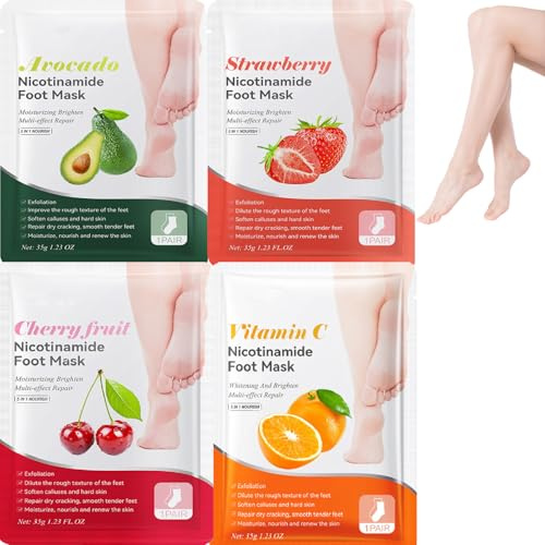 Fyra fruktinfunderade fotavskalningsmasker för exfoliering och hudmjukgörande – flereffektvårdsset för grova torra fötter med avokado jordgubbe körsbär C-vitamin, totalt 4 par, förbättrar textur och