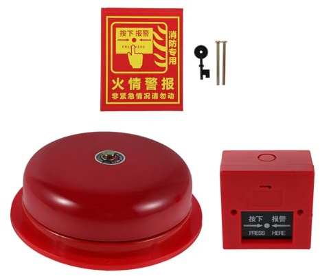Hoement Metal Fire Safety Bell with Alarm Activation Button Caution Stickers Wired Electric Fire Alarm Push Button for Emergency Evacuation for Commercial and Residential Use