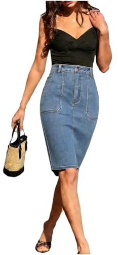 Belle Poque Women Denim Pencil Skirt Spring Autumn High Waist Back Split Midi Classic Pocket Casual Office Daily Wear