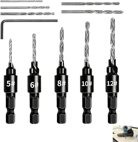 11 Pack Countersink Drill Bit Set, 1/4 Hex Shank Adjustable Countersink Set, Wood Countersinking Drill Bits with Hex Shank Quick Change, Countersinking Set with Allen Key for Woodworking DIY Project