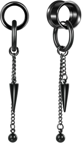 Hoisy Anhänger für Flesh Tunnel Ohr 2PCS, Ohr Plug Piercing 10mm(00G) mit Kette und Kegel, Edelstahl Ohrstecker für Tunnel Schwarz