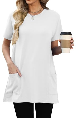 Famulily Long T-Shirt for Women UK Solid Color Loose Fit Tunic Summer Crew Neck Short Sleeve Tee Tops with Pockets S-XXL