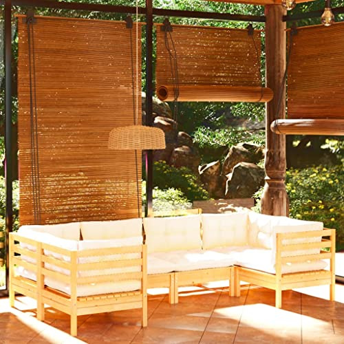 RCODSSK 6-TLG. Garten-Lounge-Set aus massivem Kiefernholz für die Terrasse mit cremefarbenen Kissen, Lounge-Set aus Holz für den Außenbereich