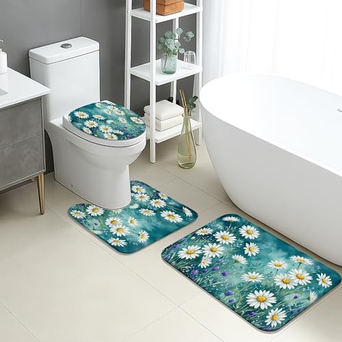 Tapete de baño floral de secado rápido, absorbente de crisantemo vintage y campanilla azul, tapete de ducha antideslizante, decorativo de franela lavable para baño, inodoro, baño, juego de 3 piezas