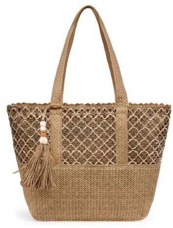 Aucuu Stroh Strandtasche Damen, Faltbare Große Gewebte Strohtasche, Sommer Strandtasche Stroh Groß, Boho Beach Strohtasche mit Reißverschluss, Geflochtene Handtasche für Reisen, Einkaufen, Pendeln