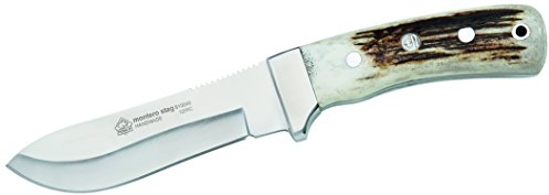 PUMA IP - Montero Stag – Feststehendes Full-Tang Outdoormesser mit Hirschhorn-Griff – handgefertigt - robuste Klinge mit einer Länge von 119mm – Gesamtlänge 234mm – mit hochwertiger Sattellederscheide