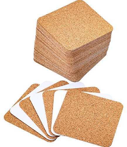 60 Pieces Self Adhesive Cork Coasters Squares/Round 4 x 4 Cork Mats Backing Sheets for DIY Coasters Crafts Backing Tiles Supplies(Square)