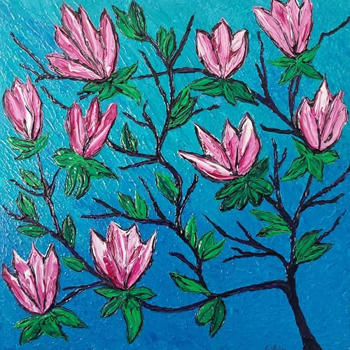 DORON ARTE QUADRO MODERNO ASTRATTO DIPINTO A MANO TELAIO GALLERY BORDI DIPINTI - FIORI STILIZZATI MAGNOLIE - 50x50x4 cm -RIF95