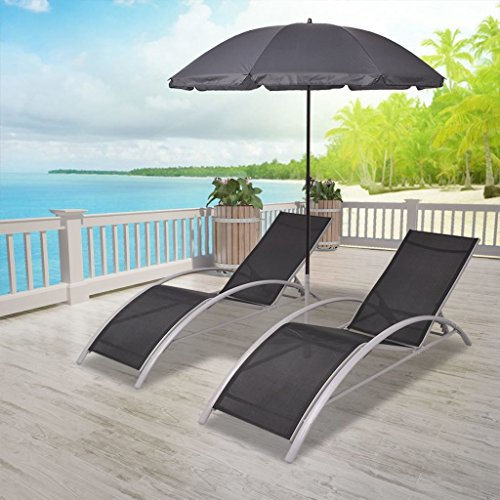 Tidyard 2X Verstellbare Doppel Sonnenliege Doppelliege Aluminium mit Sonnenschirm, Gartenliege 2 Personen Relaxliege Freizeitliege Liegestuhl für Garten Terrasse Schwimmbad, Schwarz