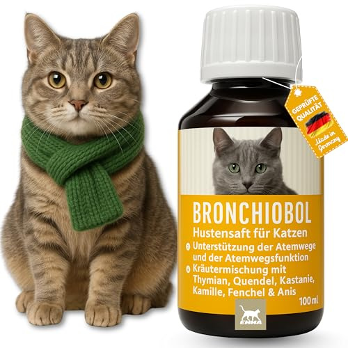 EMMA Bronchiobol Hustensaft Katze 100 ml – Kräuter für Atemwege | Bronchial-Liquid mit Thymian, Quendel, Kastanie, Kamille, Fenchel und Anis – flüssiges Ergänzungsfuttermittel