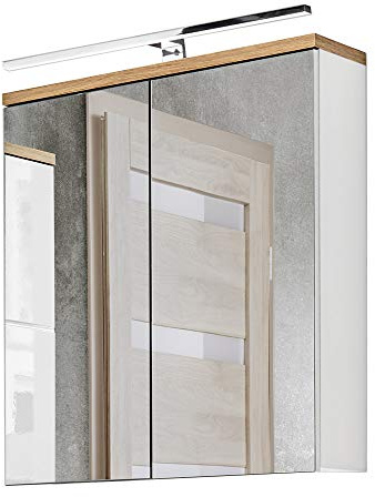 Lomadox Badezimmer Spiegelschrank 60 cm LED-Beleuchtung LUTON-56 Hochglanz weiß mit Wotan Eiche Nb., B/H/T ca. 60/70/20 cm