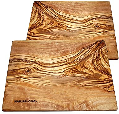 NATUREHOME 2 teiliges Set Kuchenteller eckig 25x15x1cm Olivenholz massiv für Kuchen, Vorspeisen, Desserts, Gebäck, Mittelalterfest