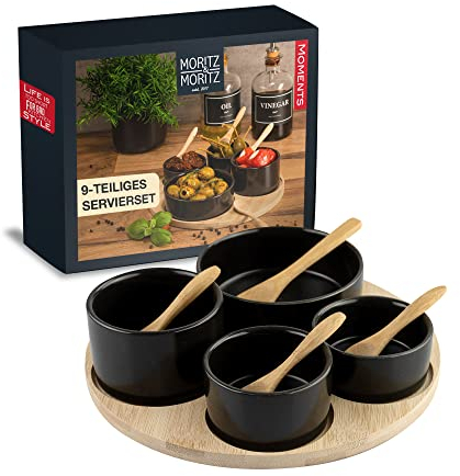 Moritz & Moritz 4X Black Dip Bowl Set with Wooden Tray - Snack Bowls Set Ceramic - Serving Set with Spoons