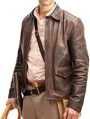 Jorde Calf Chaqueta de piel de vaca auténtica para hombre, de los Raiders of The Lost Ark, Indiana Jones Harrison Ford, estilo vintage, color marrón, marrón, S