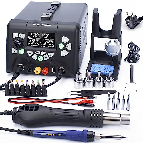 YIHUA 853D 5A-II Lötstation Heißluft Variable DC-Stromversorgung 3-IN-1 0-30.00V 0-5.0000A einstellbar mit 21 Zubehörteilen (EU PLUG)
