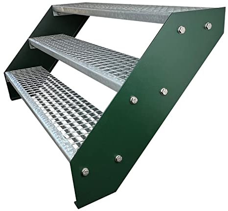 Premium Caillebotis acier Escalier à limon 3 Marches Entièrement galvanisé et Vert Limons revêtus de poudre - Dimensions (L x l x H) 63cm x 140cm x 57cm