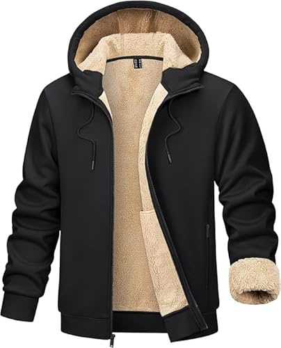 TACVASEN Herren Thermo Fleecejakce Pulli Hoodie Sweatjacke Winter Gefütterte Langarm Sport Hoody mit Taschen, Schwarz, S