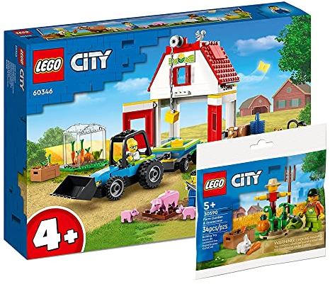 Lego City Set: Bauernhof mit Tieren und Spielzeug-Traktor mit Anhänger (60346) + Bauernhofgarten mit Vogelscheuche (30590)