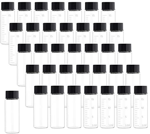 Rowiz 36 Pack 15ml Clear Glass Sample Vials with Scale(18pcs), Empty Glass Bottles with Screw Cap Lab Liquid Sampling Bottles for Chemistry Lab Chemicals (Black cap)