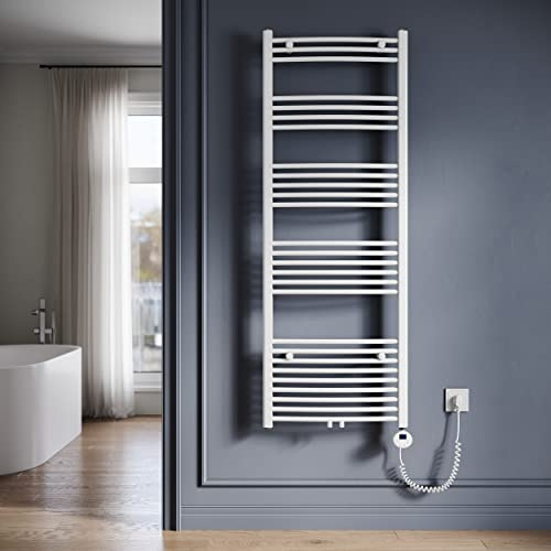 SONNI Badheizkörper Elektrisch mit Thermostat 1640x600 mm Weiß Gebogen Handtuchtrockner Mittelanschluss Oval Handtuchwärmer für Bad Heizung 900W