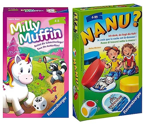Ravensburger, Milly Muffin, 20670, kooperatives Einhorn Kinderspiel ab 4 Jahren & 23063 - Nanu? Mitbringspiel für 2-4 Spieler, Merkspiel ab 4 Jahren, kompaktes Format, Reisespiel, Würfelspiel
