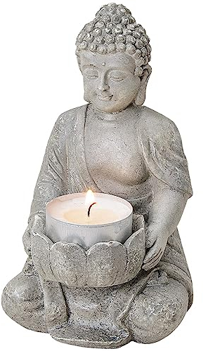 matches21 Relaxed Buddha Decorative Figure in Grey Sitting - Buddha Figure Garden and Decoration Living Room with Tea Light Holder - Buddha Figure Small 14 cm