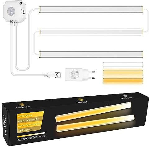 ALITOVE 3Set Unterbauleuchte Küche LED mit Bewegungssensor Abstimmbar Weiß | 5V USB Bewegungsmelder, 3500/4500K/6500K, Uchrankbeleuchtung, mit PIR-Sensor (3m/120°), 4 Ausschaltverz, für Schrank Treppe