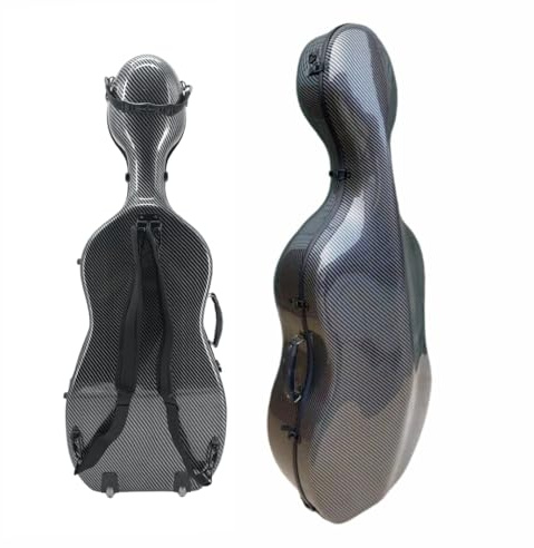 WUQIMUSC Leichter Cellokoffer aus Kohlefaser, 4/4 volle Größe, Hartschale mit Rollen, Rucksackgurten und gepolsterten Griffen, 3,8 kg, langlebiges, stilvolles Design für Musiker, Schwarz