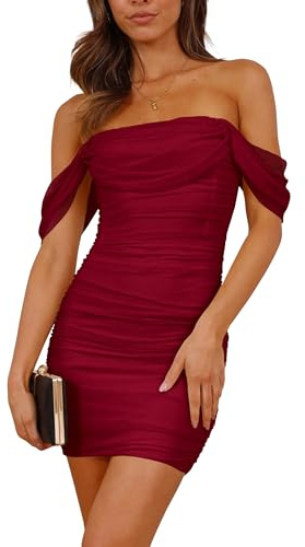 PRETTYGARDEN Cocktail Dresses 2025 Summer Off Shoulder Sexy Bodycon Ruched Mesh Graduation Wedding Guest Mini Short Dress (Wine Red,Medium)