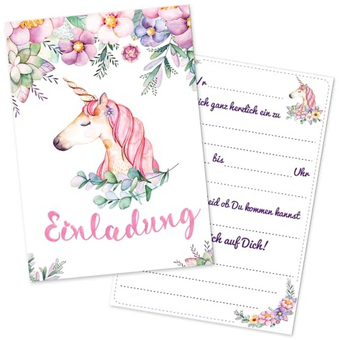 RFBEUTEL Einladungskarten 12 Stück Einhorn Party Einladungskarten für Kinder zum Ausfüllen und Beschriften Kindergeburtstag Mädchen Geburtstag (Einhorn)